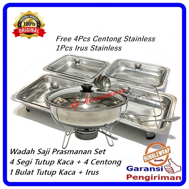Gambar Prasmanan Wadah Saji Set 4 Segi 1 Bulat Stainless Tutup Kaca Kombinasi Free Centong Irus Stainless dari DY Houseware undefined Tokopedia