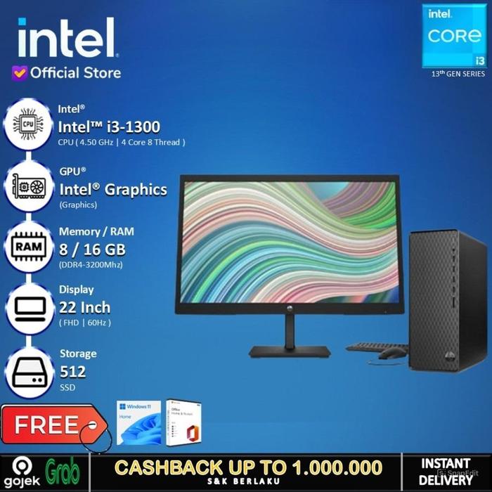 Gambar PC HP M01 F3014D - I3 13100 8GB 512SSD 22" W11+OHS - 16GB, PELUNASAN USER dari INTEL STORE ID undefined Tokopedia