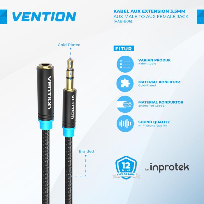 Gambar Vention Kabel Aux Audio Perpanjangan 3.5mm Male to Female Braided - B06 Cotton, 0.5 Meter dari Inprotek undefined Tokopedia