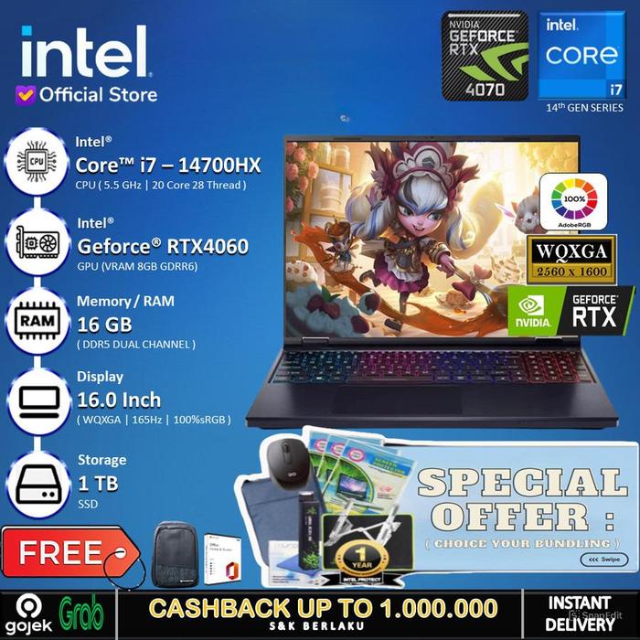 Gambar Acer Predator Helios Neo 16 - RTX4060 I7 14700HX 16GB 1TB SSD 16"WQXGA 165Hz - Non Bundle, Windows 11 HOME dari INTEL STORE ID undefined Tokopedia