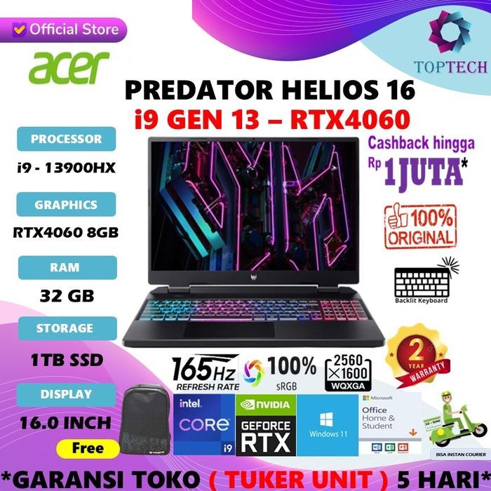 Gambar ACER PREDATOR PHN16 NEO RTX4060 i9 13900HX 32GB 1TB W11 OHS 16.0WQXGA - NON BUNDLING, 16GB dari Top Tech Comp undefined Tokopedia