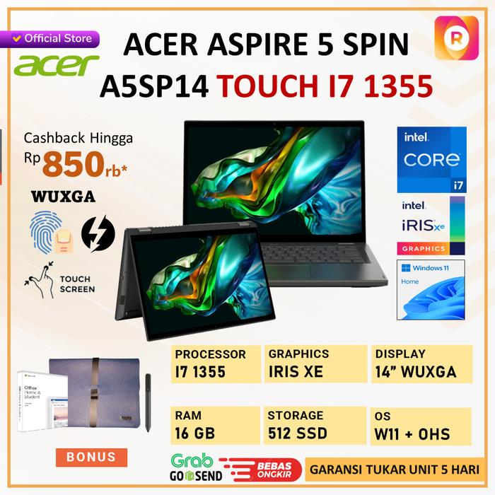 Gambar Acer Aspire 5 SPIN Touch A5SP14 i7 1355U 16GB 512 SSD W11 OHS 14"WUXGA - NO BUNDLE dari royalltech undefined Tokopedia