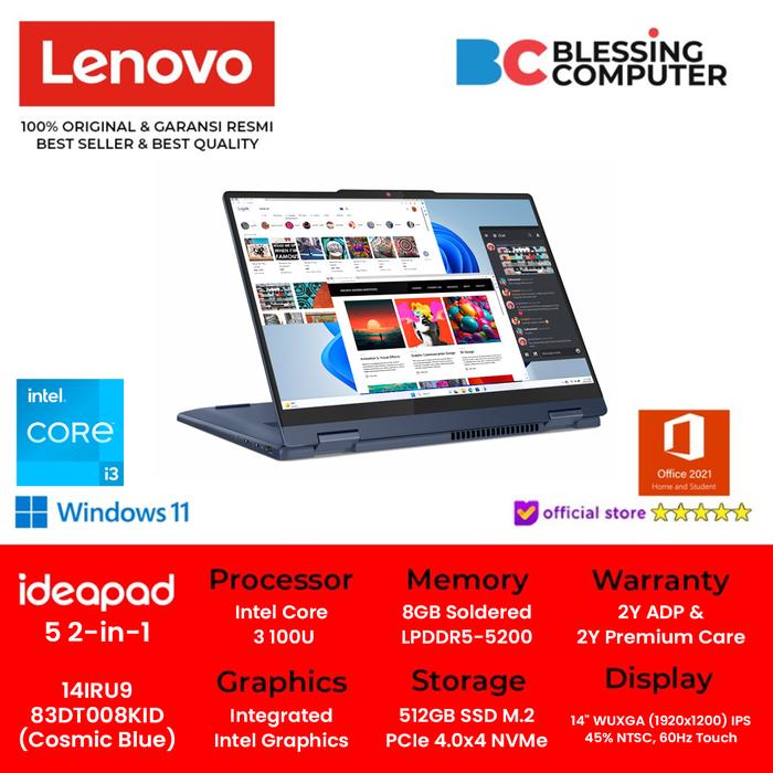 Gambar LENOVO IdeaPad 5 2-in-1 14IRU9 83DT008KID Core 3 100U 8GB 512GB W11 OHS Cosmic Blue dari Blessing Computer Bali undefined Tokopedia