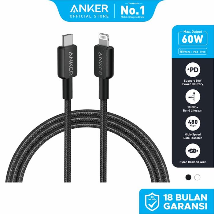 Gambar Anker Kabel Charger 322 USB-C to Lightning Cable (6ft Braided) - A81B6 - Hitam dari Reformasi Computer undefined Tokopedia