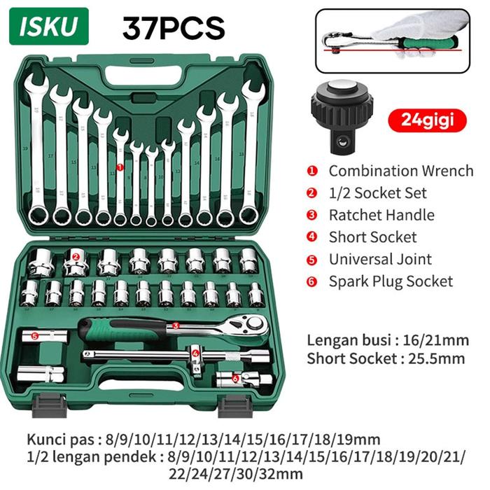 Gambar ISKU Tool Kit Set 37Pcs Kunci Sok Set Shocket Set CR-V Toolkit Lengkap - 24 Gigi dari PERKAKASKU.ID TOKOPEDIA undefined Tokopedia
