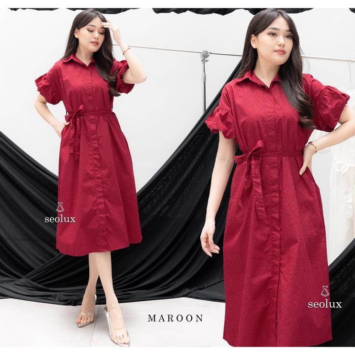 Gambar SEOLA - DS1761 - Aurel Dress | Dress Katun Premium Flare Puffy Sleeve Busui Friendly - MAROON dari seola.id undefined Tokopedia