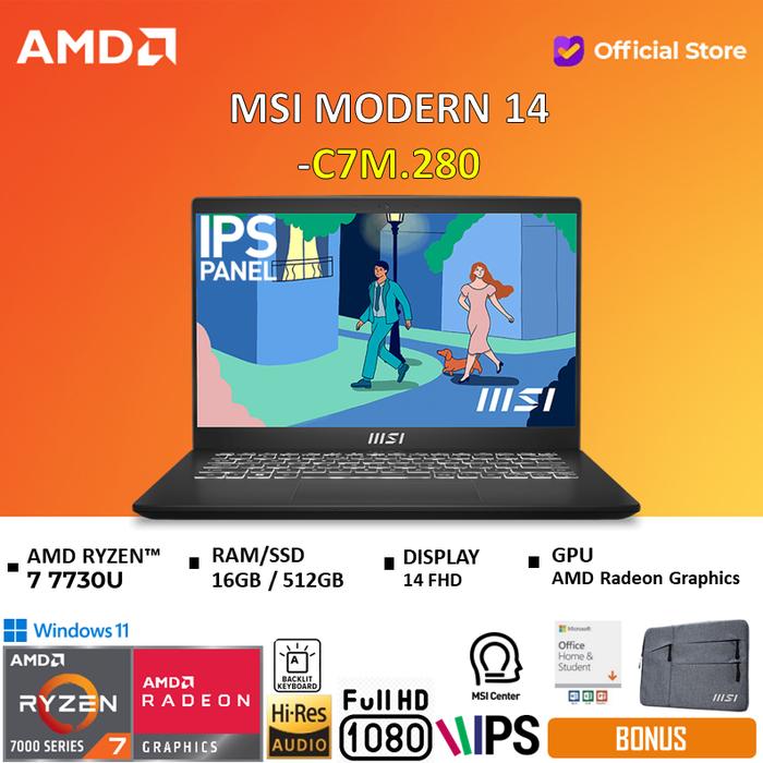Gambar MSI Modern 14 Ryzen 7 7730U 16GB 512GB W11+OHS 14FHD IPS -C7M.225 - RAM 16GB, Standard dari AMD Official Store undefined Tokopedia