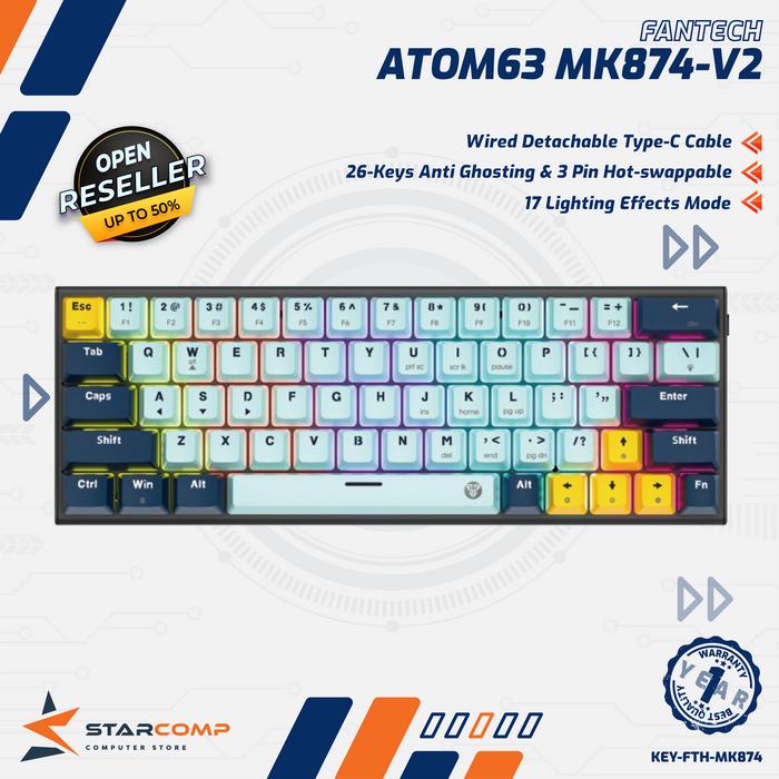Gambar Fantech ATOM63 MK874-V2 Mizu Edition Wired Mechanical Gaming Keyboard Hotswap 3 Pin MK874 V2 - Sky Blue, Red Switch dari Starcomp Semarang undefined Tokopedia