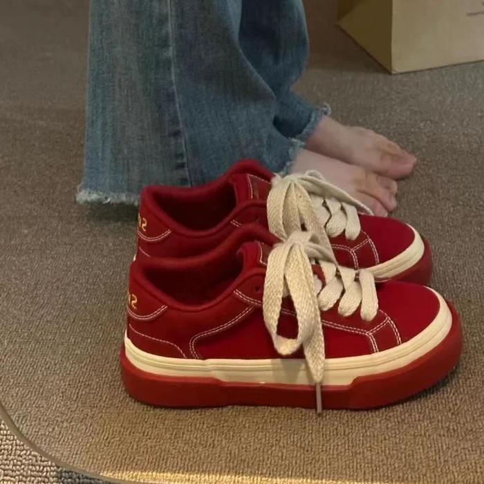 Jual Women Vintage Red Canvas Low-top jogging Sneakers Casual