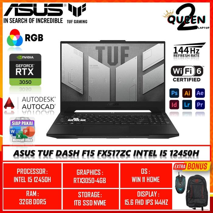 Asus Tuf Dash F15 FX517zc Intel I5 12450H RTX3050-4GB Ram 32GB SSD 1Tb Nvme  Fhd 144Hz RGB 8GB/512GB SSD di Queen Laptop Id Tokopedia