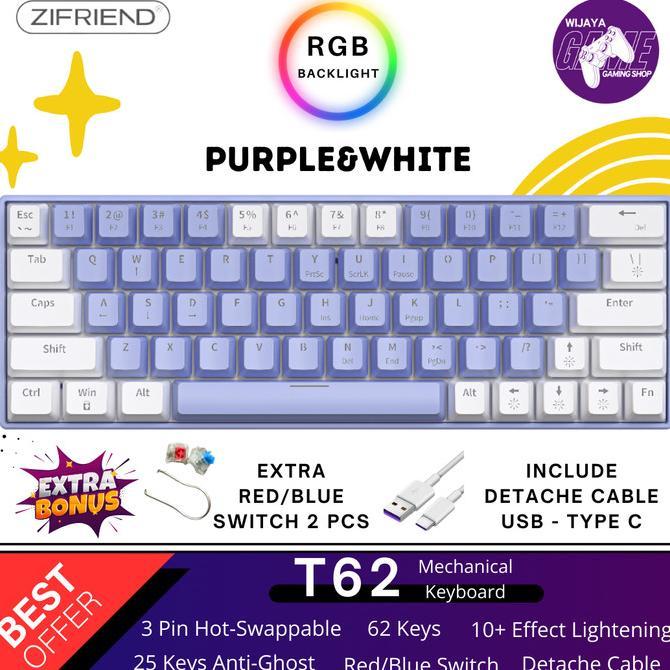 Gambar Zifriend T62 Mechanical Keyboard 63Keys 60% Layout Blue Red Switch Rgb - Purple, RedSwitch dari GAMING STORE 02 undefined Tokopedia