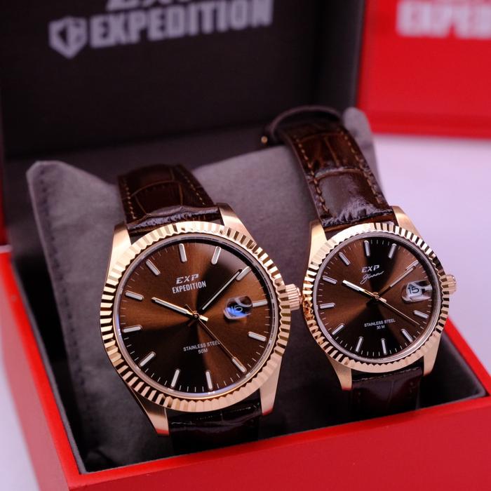 Gambar JAM TANGAN ORIGINAL EXPEDITION COUPLE EXP 6865 / E6865 STRAP LEATHER TANGGAL AKTIF - Brown Rosegold dari KANEMO WATCH undefined Tokopedia