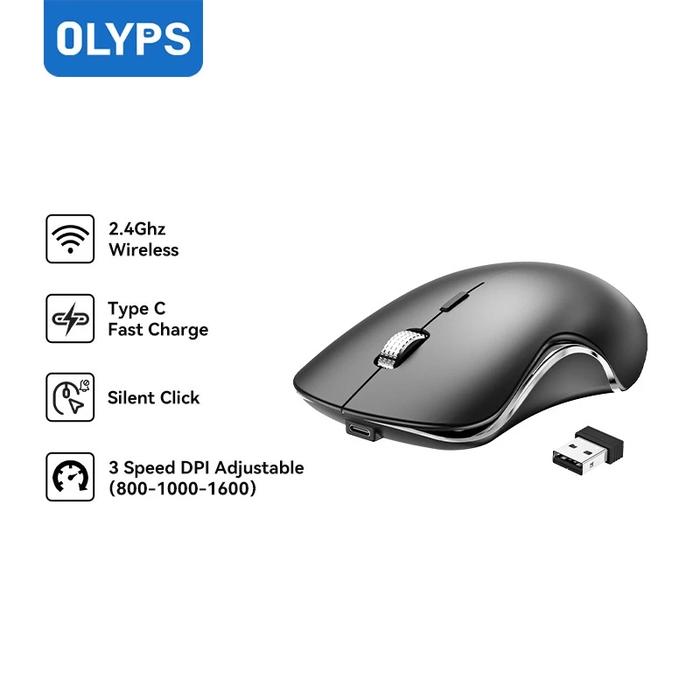 Gambar OLYPS Mouse Wireless USB 2.4G Dongle Optical 1600DPI Silent Click Klik Ergonomic Design Type C Fast Charge - MOU32-Hitam dari Olyps Official undefined Tokopedia