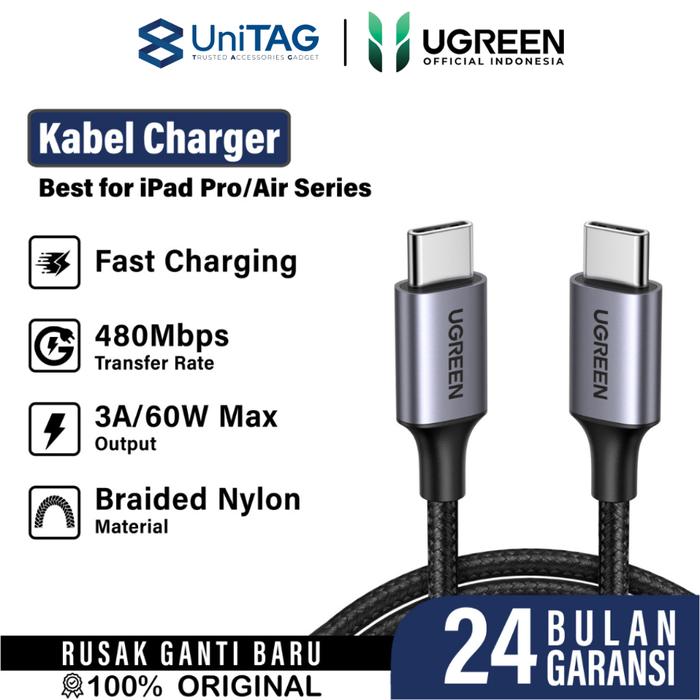 Gambar UGREEN Kabel Data Fast Charging iPad Air Pro USB Type C Lightning MFi Cable - C-C Braided, 1m, Black dari UniTAG Store Kota Administrasi Jakarta Barat Tokopedia