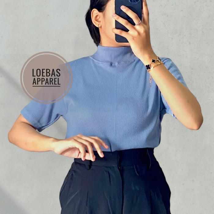 Gambar Atasan Rajut Wanita Turtleneck - Kerah Tinggi Lengan Pendek - Kaos Turtleneck Rib Turtleneck Lengan Pendek - Kaos Viral Korea Style - denim, ONE SIZE dari anantari.store undefined Tokopedia