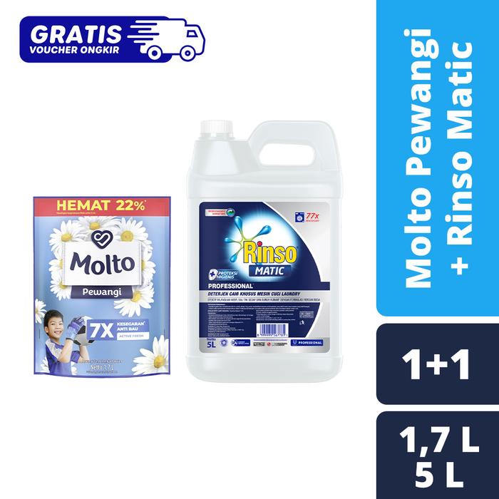Gambar Molto Pewangi Blue 1800ml + Rinso Matic Cair 5L Jerigen dari Unilever Official Store undefined Tokopedia