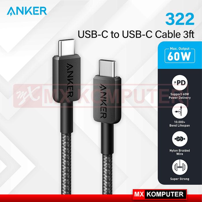 Gambar Kabel Charger Anker 322 Type C To Type C Cable (3ft Braided) - Hitam dari MXKomputer_NEW undefined Tokopedia