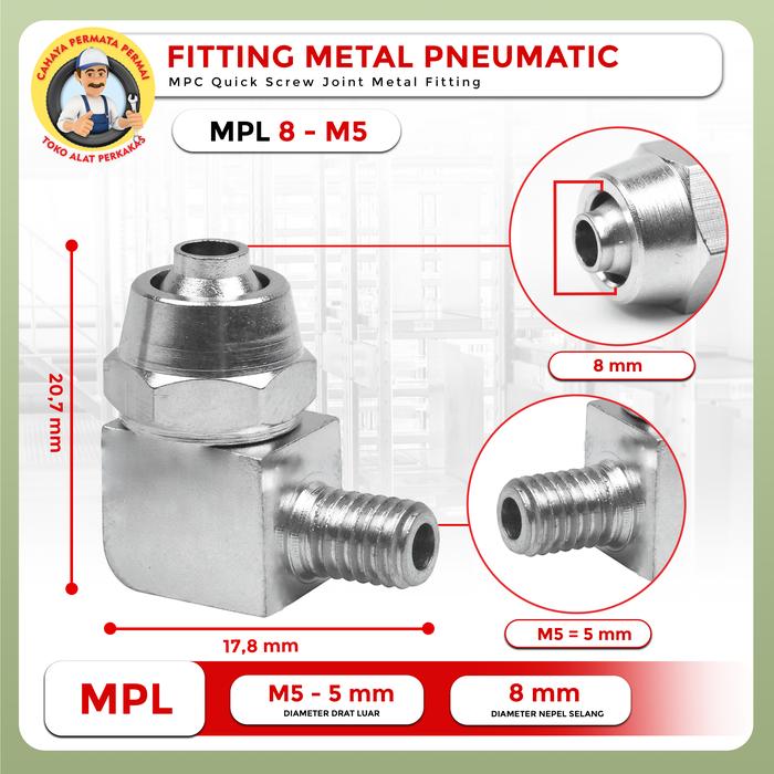 Gambar Fitting Pneumatic Metal Elbow L Selang 6mm drat 1/8 MPL - MPL 8-M5 dari CAHAYA PERMATA PERMAI undefined Tokopedia