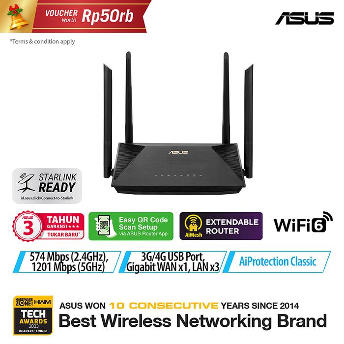 Gambar ASUS RT-AX53U Dual Band WiFi 6 AX1800 Wireless Router with AiMesh - 1-Pack dari Gudang Network. undefined Tokopedia