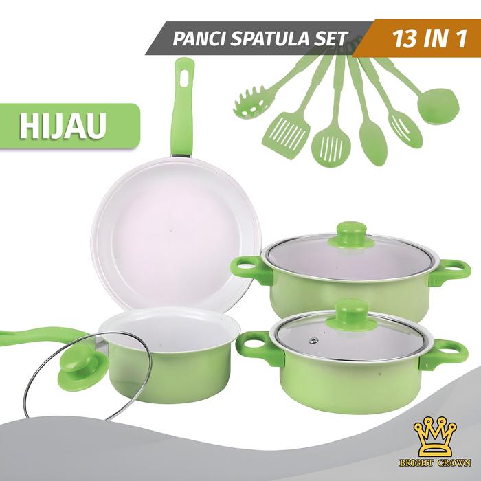 Gambar Bright Crown Cookware 13in1 Panci Set Stainless 7pcs Dengan Tutup Kaca Spatula isi 6pcs Multifungsi - Set13in1-Hijau dari consistend undefined Tokopedia