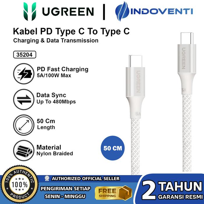 Gambar UGREEN Kabel Charger Data Pendek Power Bank Nylon Braided PD Usb C To Type C PowerBank Fast Charging 5A 100W 50CM iPhone 15 16 Series - WHITE dari INDOVENTI undefined Tokopedia