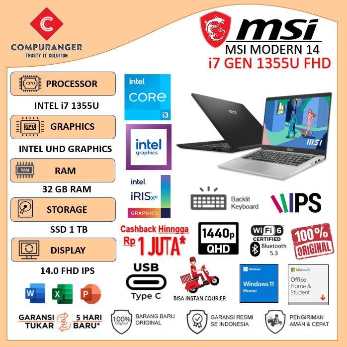 Gambar MSI Modern 14 Core i7 1355U 16GB 512GB Windows 11 + OHS 14.0 FHD IPS Laptop Audio - NON BUNDLING dari COMPURANGER undefined Tokopedia