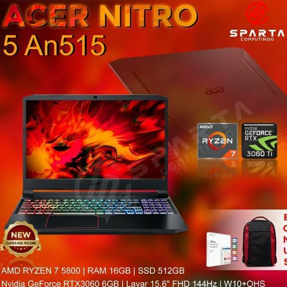 Laptop Gaming Murah Acer Nitro An515 Ryzen 5800 Ram 16gb Ssd 512  Rtx3060 6gb W10 Ohs 15fhd 144hz 4zonergb Blk Garansi Resmi