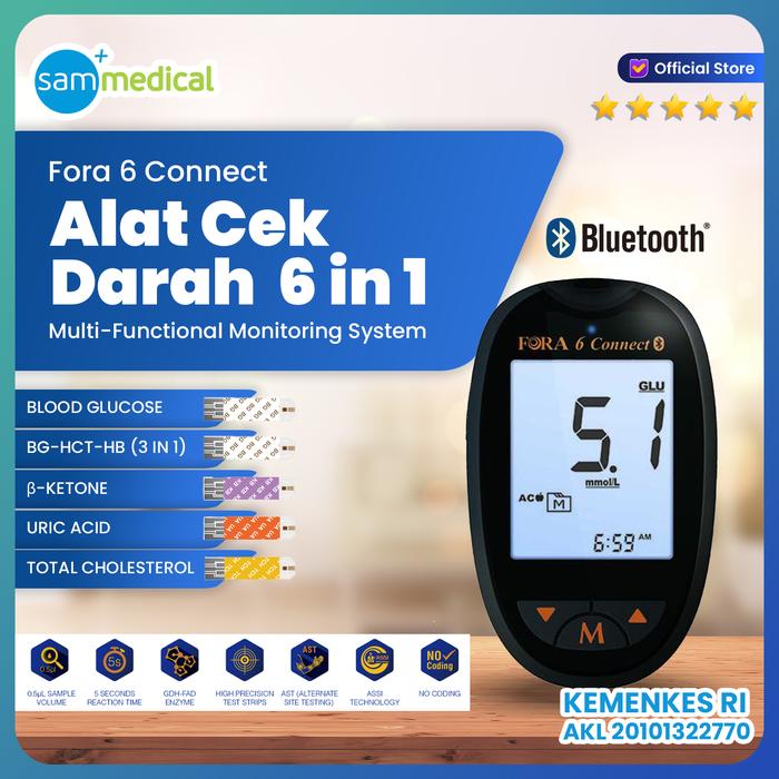 Gambar Fora 6 Connect Multi-Functional Monitoring Systems / Alat Cek 6in1 Gula Darah + Kolesterol + Asam Urat + B-Keton + Hemoglobin + Hematokrit / Connect Smartphone LED Backlight Metode Terbaru / Multi-Functional Monitoring System with BLUETOOTH dari SAM MEDICAL undefined Tokopedia