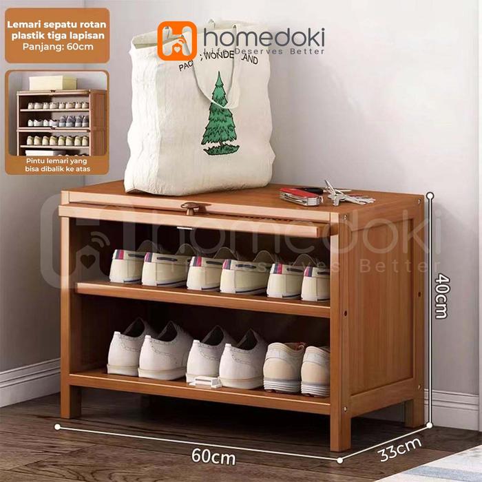 Gambar Homedoki - Lemari Buku Minimalis Tertutup Kayu/Lemari Sepatu Bambu/Lemari Penyimpanan Bambu - 60CM-3L dari Homedoki Office Furniture undefined Tokopedia