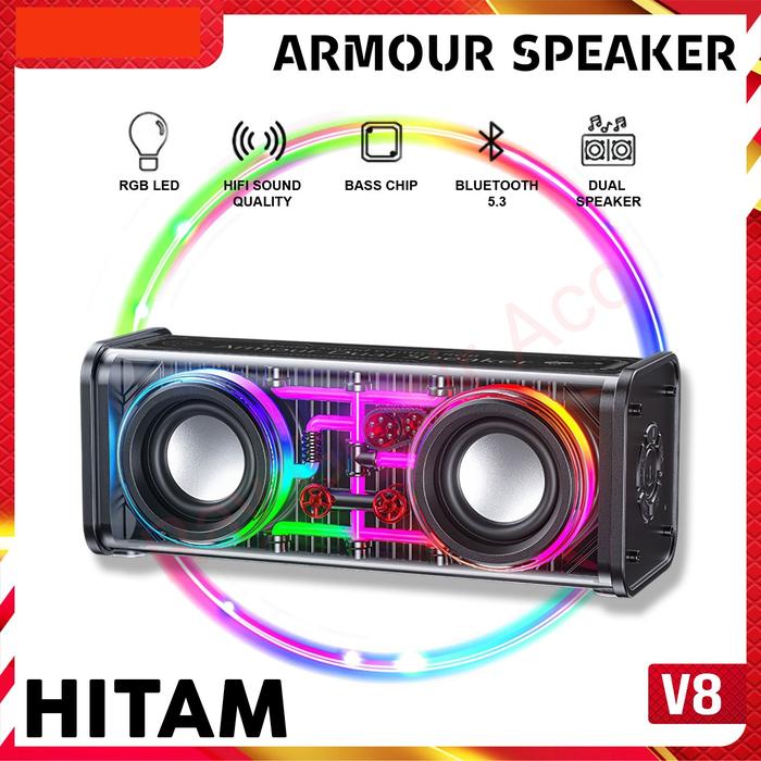 Gambar Speaker speker Bluetooth Wireless V8 ARMOUR Double Subwoofer Bass RGB LED Light - Hitam dari Ray Grosir Acc undefined Tokopedia