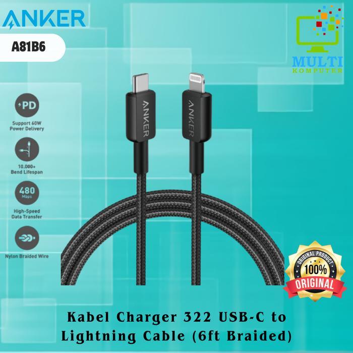 Gambar Anker Kabel Charger 322 USB-C to Lightning Cable (6ft Braided) - A81B6 - Hitam dari Multi Komputer undefined Tokopedia