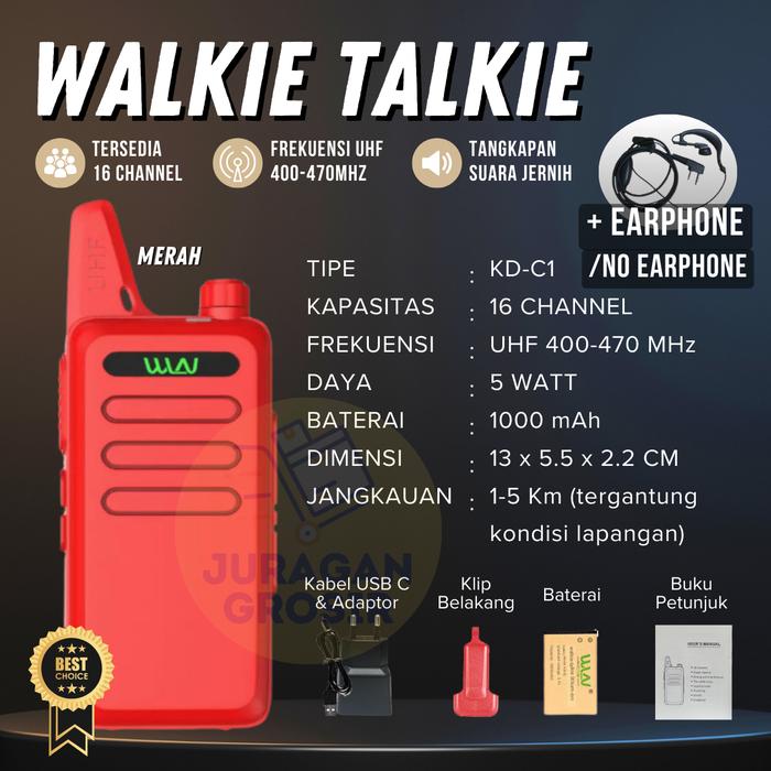 Gambar WLN HT KDC1 UHF Two Way Radio Handy Walkie Talkie Full Set Original WLAN KD C1 Walky Talky - Merah, Ada Earphone dari Juragan Grosir Mart undefined Tokopedia