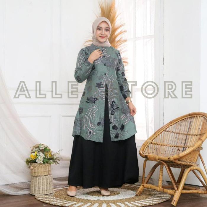 Gambar Gamis Batik Motif Pita Modern Premium, Dress Muslim, Gamis Batik Kombinasi - Sage, M dari Lavender Luxy undefined Tokopedia