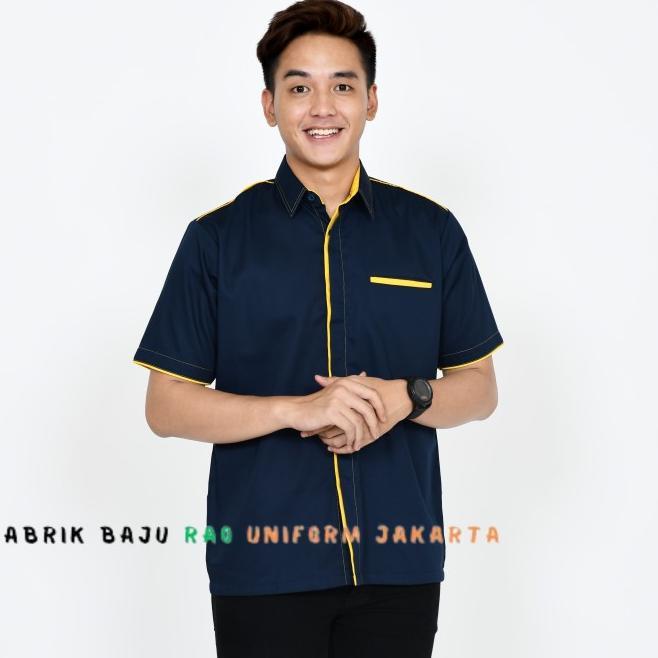 Gambar Baju Kerja Murah Custom Bordir#Seragam Kantor#Pabrik#Restoran#Lapangan Termurah Ready Terbaik - navy Lis kuning, S dari DenisterStore undefined Tokopedia