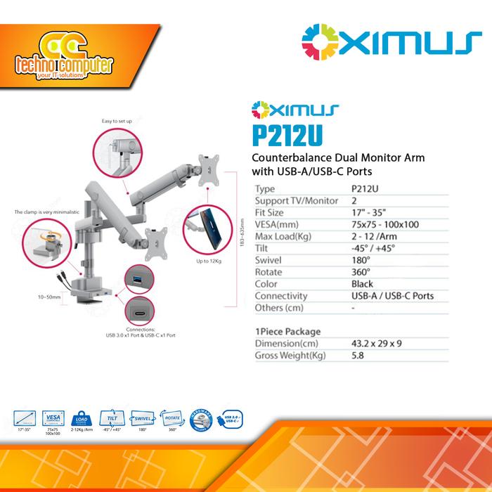 Gambar Bracket Monitor TV 17-40inch OXIMUS P212U Heavy Duty Mechanical Spring Dual Monitor - Grey dari Techno Computer Bali undefined Tokopedia