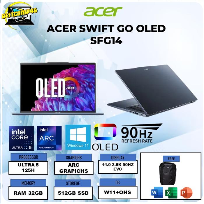 Gambar ACER SWIFT GO OLED SFG14 ULTRA 5 125H 32GB 512GB W11+OHS 14.0 2.8K 90HZ EVO - SILVER, UNIT, dari BestComp46 undefined Tokopedia