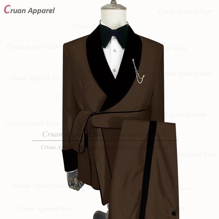 Gambar Fashion White Suits for Men 2 Pieces Double Breasted Blazer Pants Belt Set Tailor-made Luxury Velvet Lapel Prom Wedding Tuxedo - dark brown, XS (EU44 (US34 dari Galeryfine undefined Tokopedia