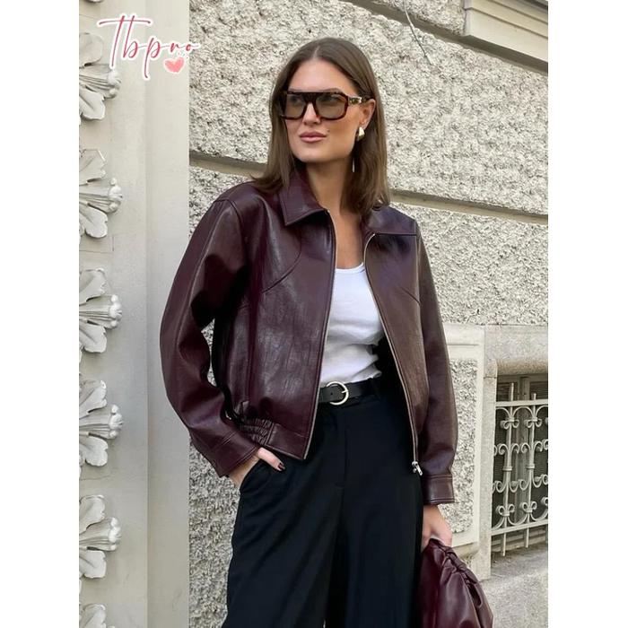 Jual Po Chic Retro Solid Front Zipper Short Pu Leather Jacket