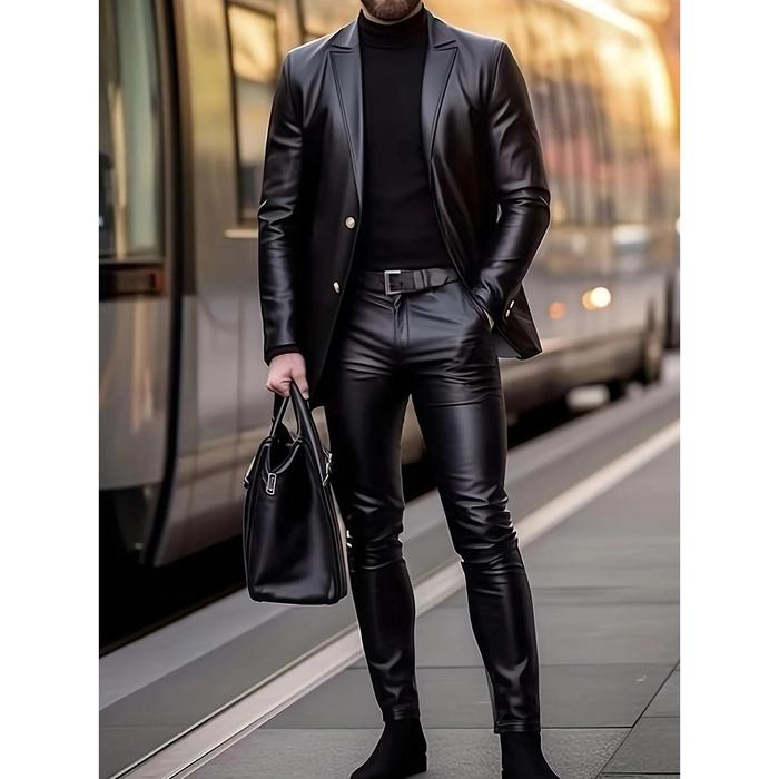 Jual Men's Blazer Pants 2Pcs Set Slim Fit Black Lapel PU Leather