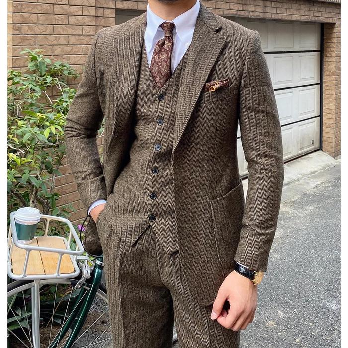 Pieces Men's Suits Tweed Herringbone Slim Fit Business Cauasl Waistcoat  Jacket Groomsmen Wedding Suits（Blazer+vest+Pants） Grey, XL di Galeryfine 