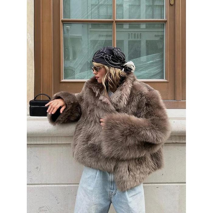 Jual Po Lapel Brown Women Short Faux Fur Coat Luxurious Fluffy