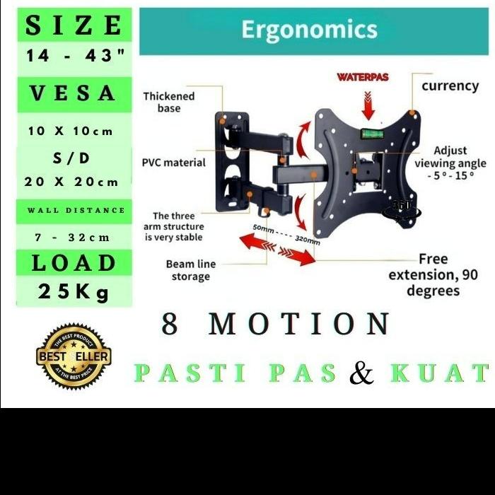 Gambar NORTH BAYOU NB P6 BRACKET TV 50 55 60 65 70 75 INCH FULL MOTION 6 ARMS - IMPORT 14-43" dari Raja Electronics Store undefined Tokopedia