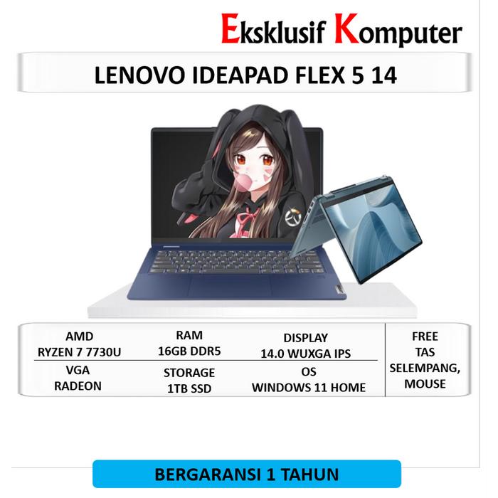 Gambar Laptop Lenovo Ideapad Flex 5 14 Ryzen 7 7730U 16GB 1TB SSD 14" WUXGA Touchscreen Win11 - Garansi 1 Tahun, Win11Home|512GB dari Eksklusif Komputer undefined Tokopedia