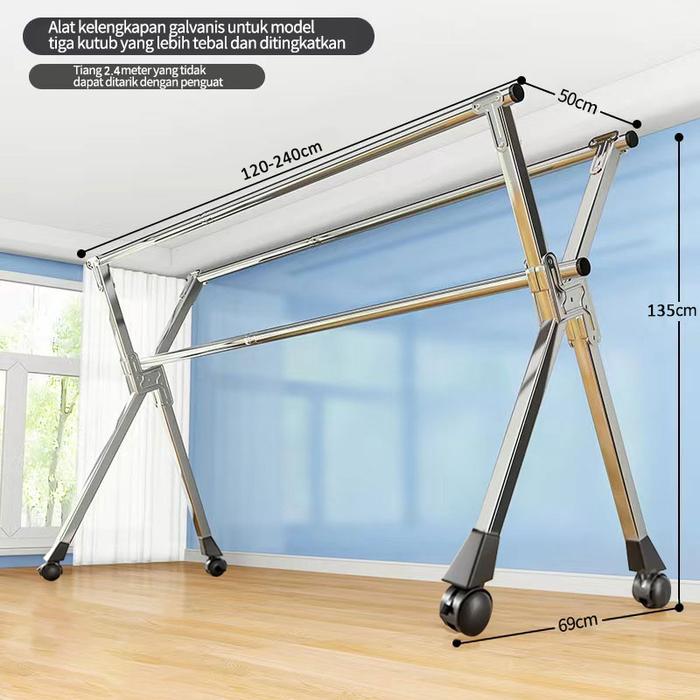Gambar Jemuran Baju Lipat Stainless Jemuran Pakaian Tahan Karat 240cm - tiga-240+gimbal dari Akeaee undefined Tokopedia