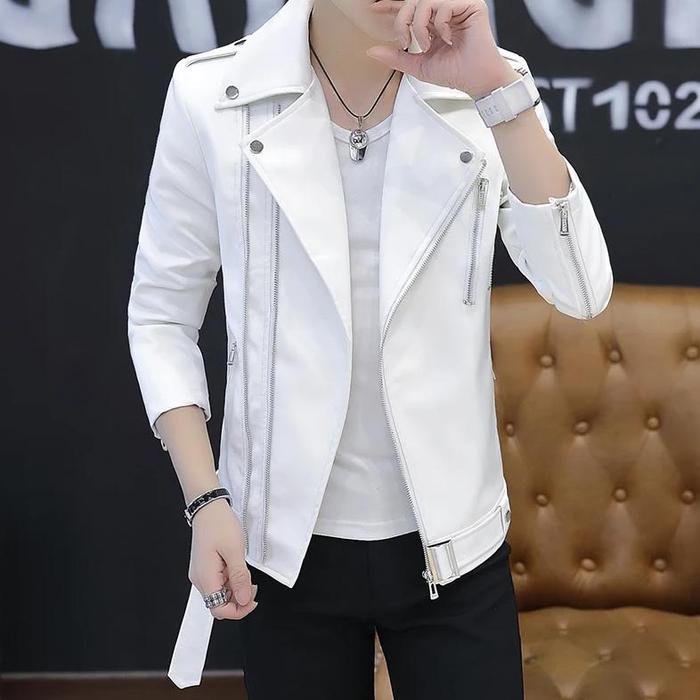 Gambar New Men's Leather Jacket, Handsome and Personalized Red Leather Jacket, Fashionable and Versatile Rivet Motorcycle Style Jacket, Red White Black Lapel Top - WHITE, XXL--65-73kg dari Toko Tigak undefined Tokopedia