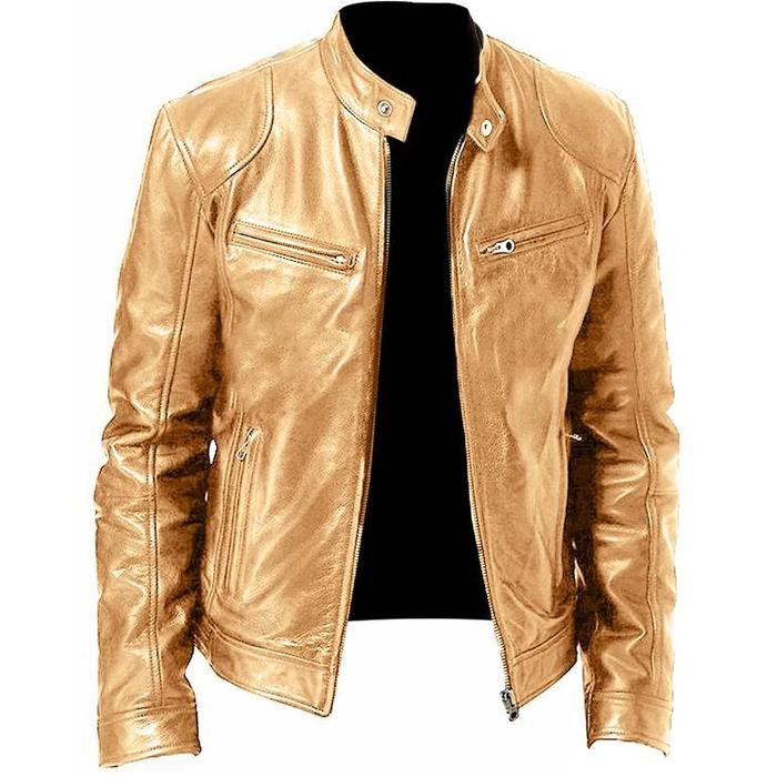 Gambar Mens Stand Collar Leather Jacket Coats Male Anti-wind Motorcycle Zipper Jackets Winter Men Outdoor Sport Streetwear Jacket Men - Khaki, 4XL dari Toko Tigak undefined Tokopedia