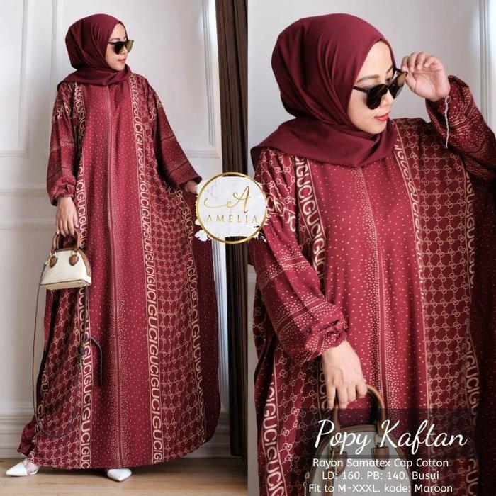 Gambar gamis kaftan wanita jumbo dress premium bahan katun rayon - Popy maroon, all size dari Jafa_Oficial undefined Tokopedia