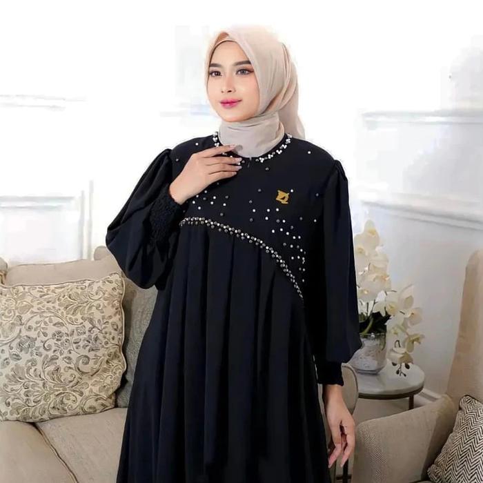 Gambar Baju Dress Crinkle Airflow Gamis Wanita Kombinasi Mutiara Terbaru - Hitam, L dari aisahnuha undefined Tokopedia