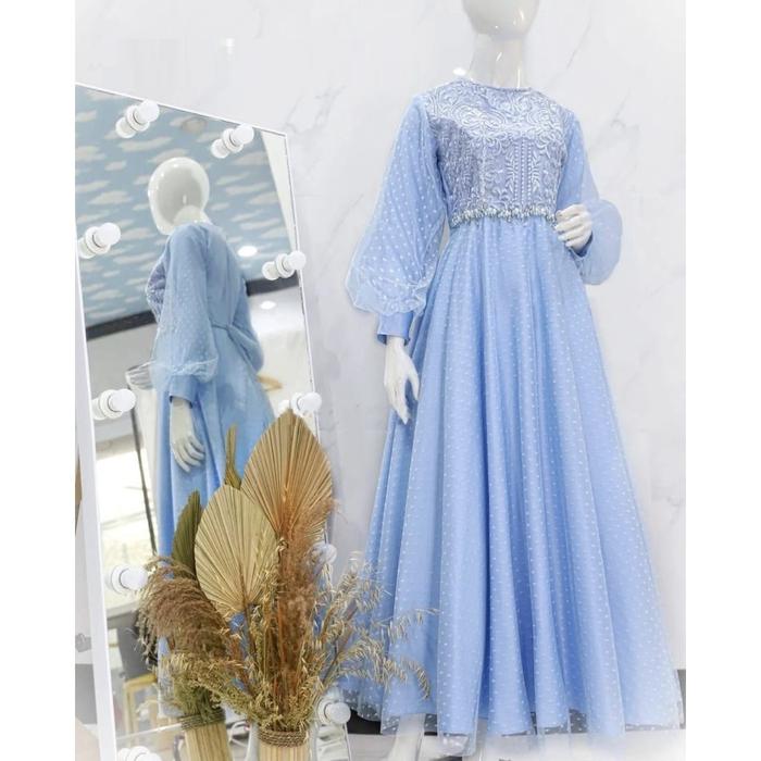 Gambar Maxi Dress Muslimah Brukat Valenn Baju Party Pesta Kondangan - Biru, XL dari Hanamayu id undefined Tokopedia