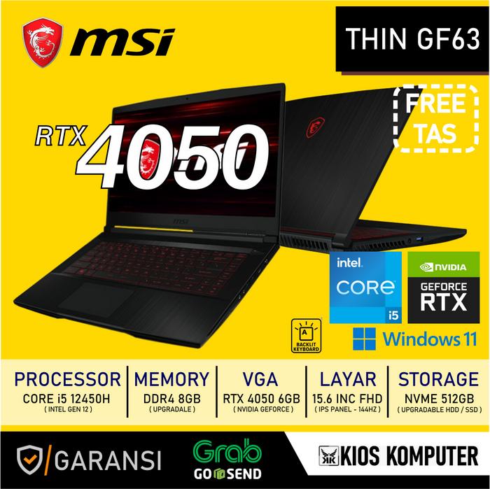 MSI GF63 CORE I5 12450H 8GB RAM 512GB NVME RTX 4050 6GB FHD W11  8GB, STANDARD di Kios Laptop Gadget Tokopedia